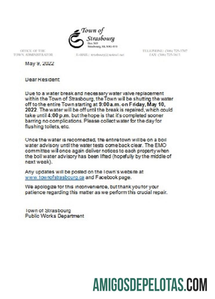 Aviso de desligamento da concessionária de água da cidade de Estrasburgo, Canadá Saskatchewan amostra